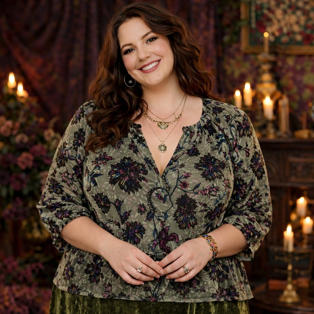 Faded Glory Velvet Burnout Top‎ 2X Boho Floral Sheer Romantic Whimsigoth Peasant